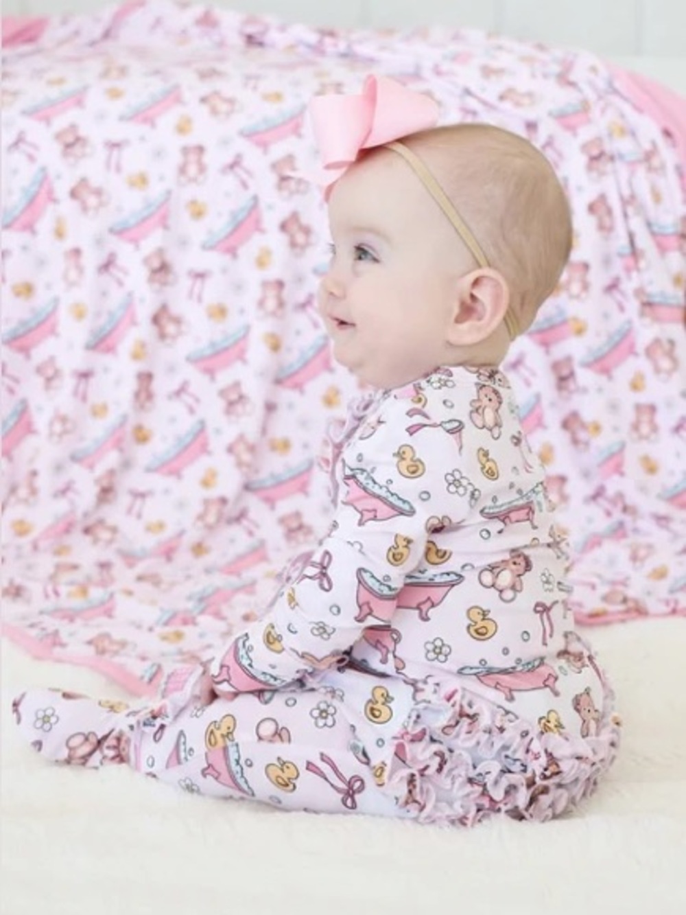 Caden Lane Bathtime Besties Ruffle Zipper Footie in Size 0-3 Months